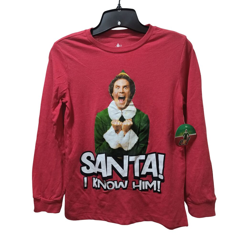 Elf Movie Christmas Long Sleeve T-Shirt Boys L (10/12) Red Santa I Know Him